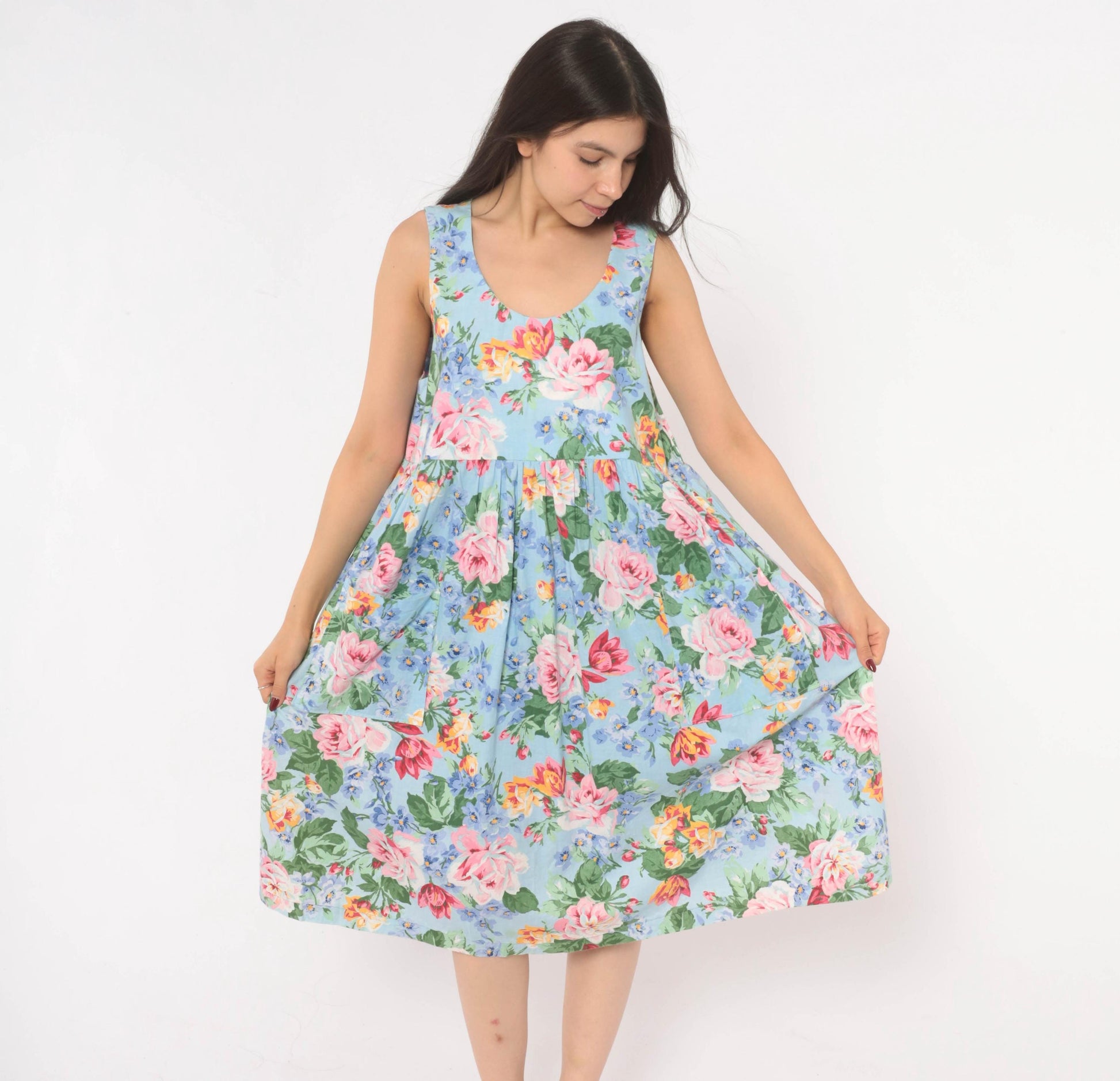 80s Sky Blue Floral Sundress Rose Print Scoop Neck Gathered Waist Medium