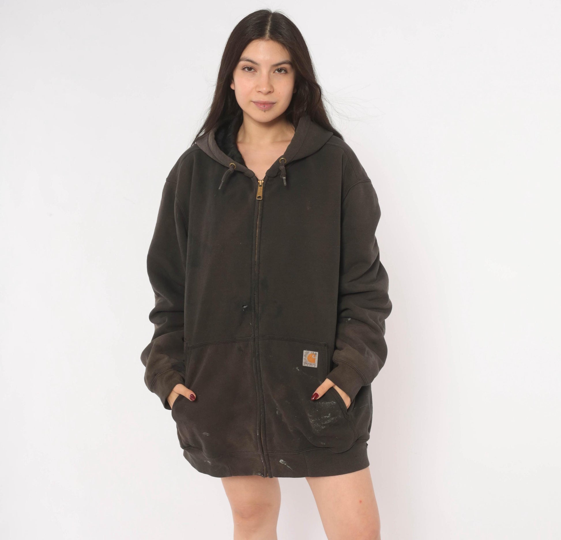 Y2K Carhartt Full Zip Hooded Sweatshirt Dark Brown Distressed XL