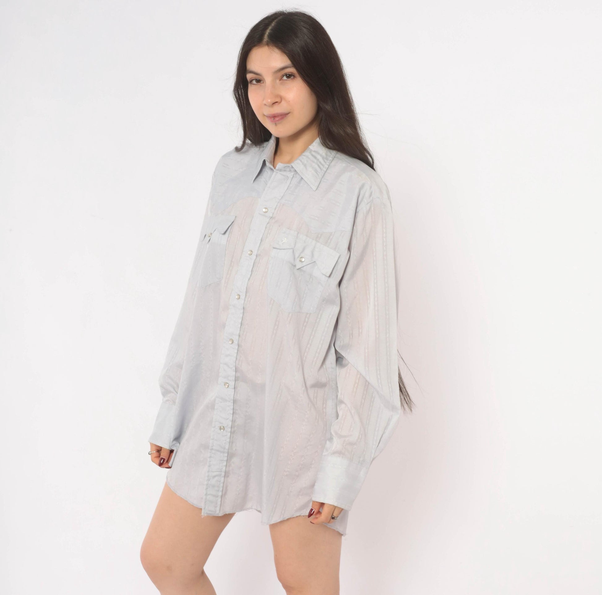 70s Prior Western Shirt Pearl Snap Pointed Collar Jacquard Stripe Blue Large L