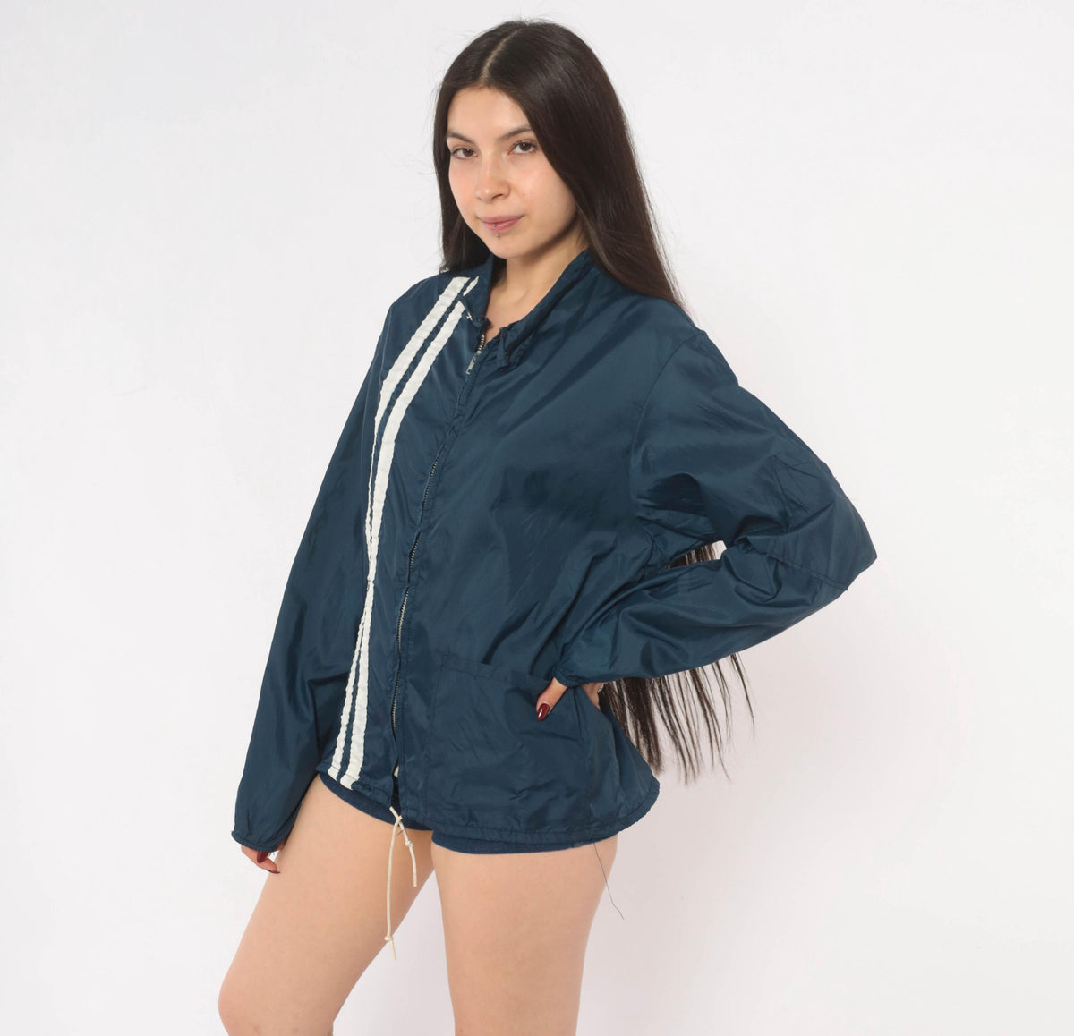 70s Sterling Pro Navy Windbreaker Racing Stripe Zip Jacket Small