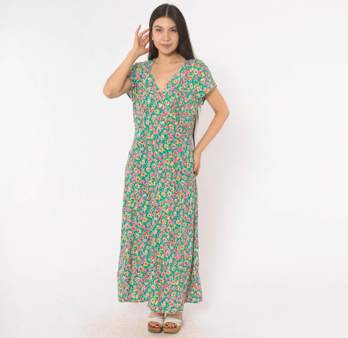 90s Hang Ten Floral Maxi Dress Green Pink Yellow V-Neck Wrap Bodice Large L