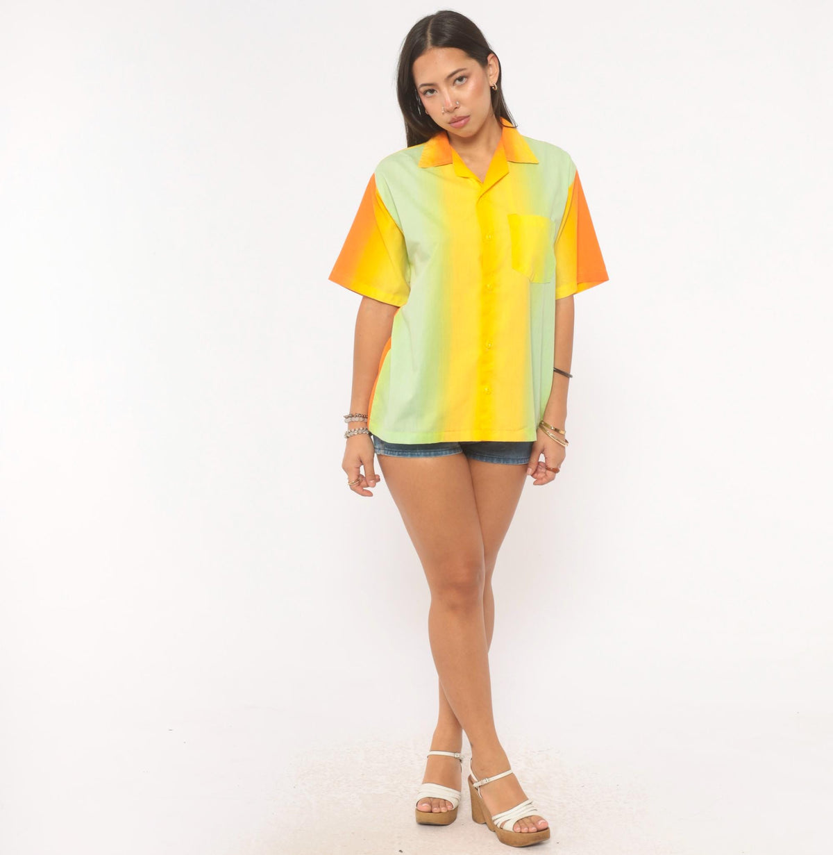70s Gradient Camp Collar Shirt Orange Yellow Green Colorblock Medium