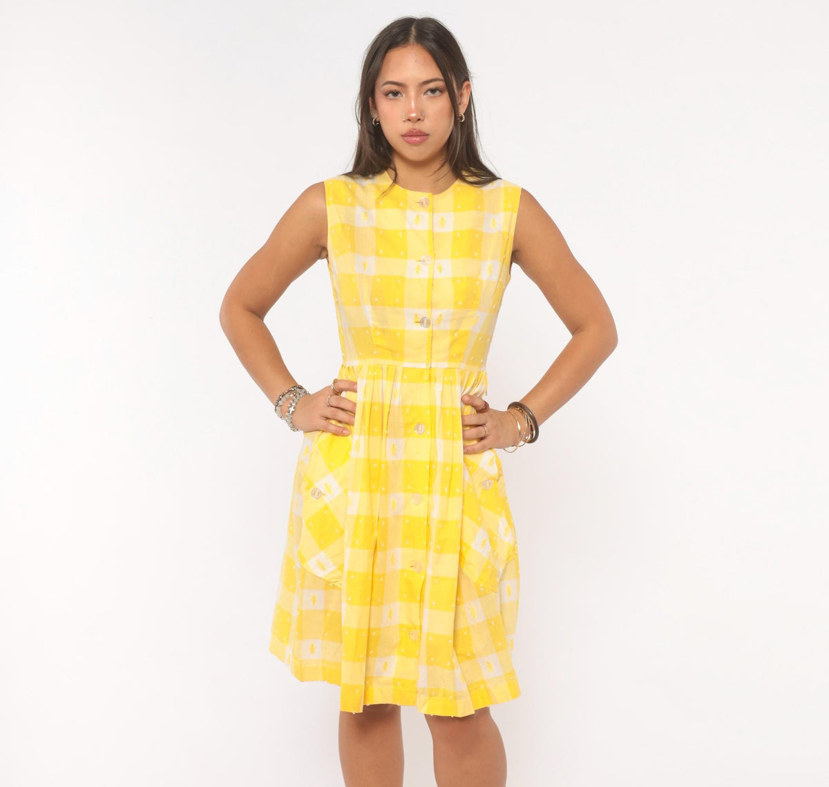 60s Yellow White Gingham Cotton Sundress Button Front Pleated Knee Length Extra Small