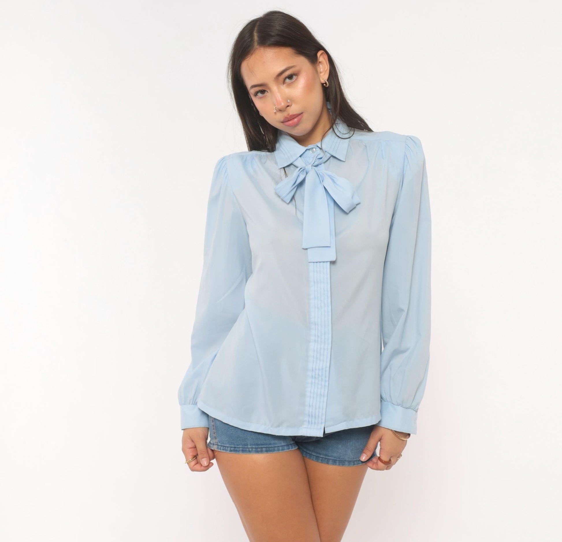 70s Judy Bond Sky Blue Pussy Bow Blouse Puff Sleeve Pintuck Medium