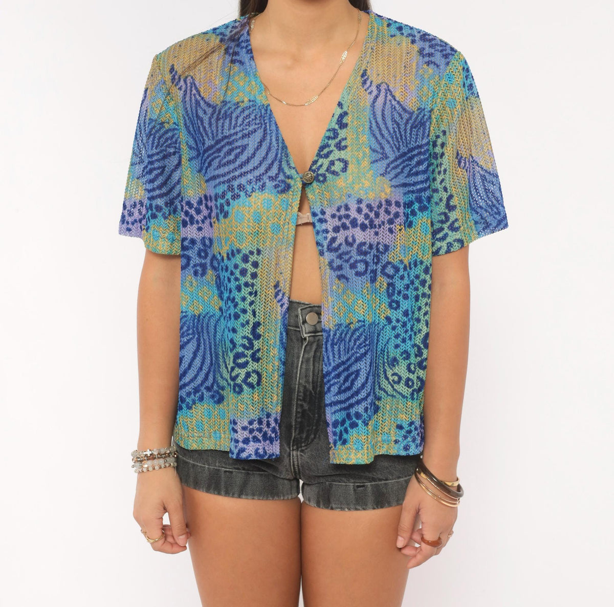 90s Miss Dorby Sheer Mesh Cardigan Tropical Leaf Leopard Print Teal Medium Large