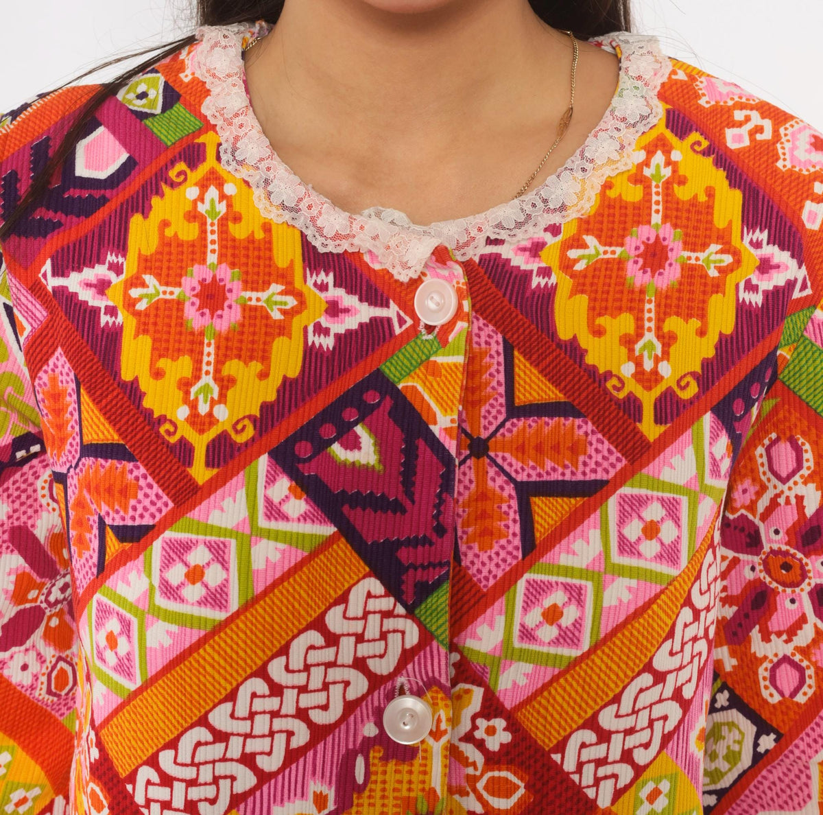 1970s Patchwork Button Front Shift Dress Knee Length Cotton Multicolor Medium M