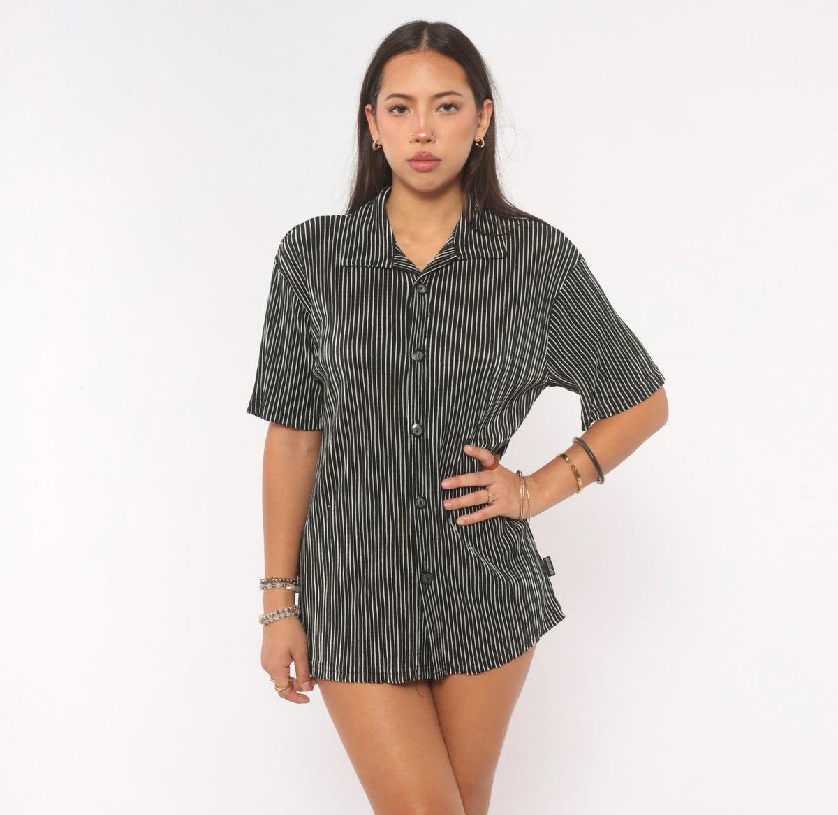Y2K Black Pinstripe Button Up Camp Collar Shirt White Stripe Short Sleeve Small