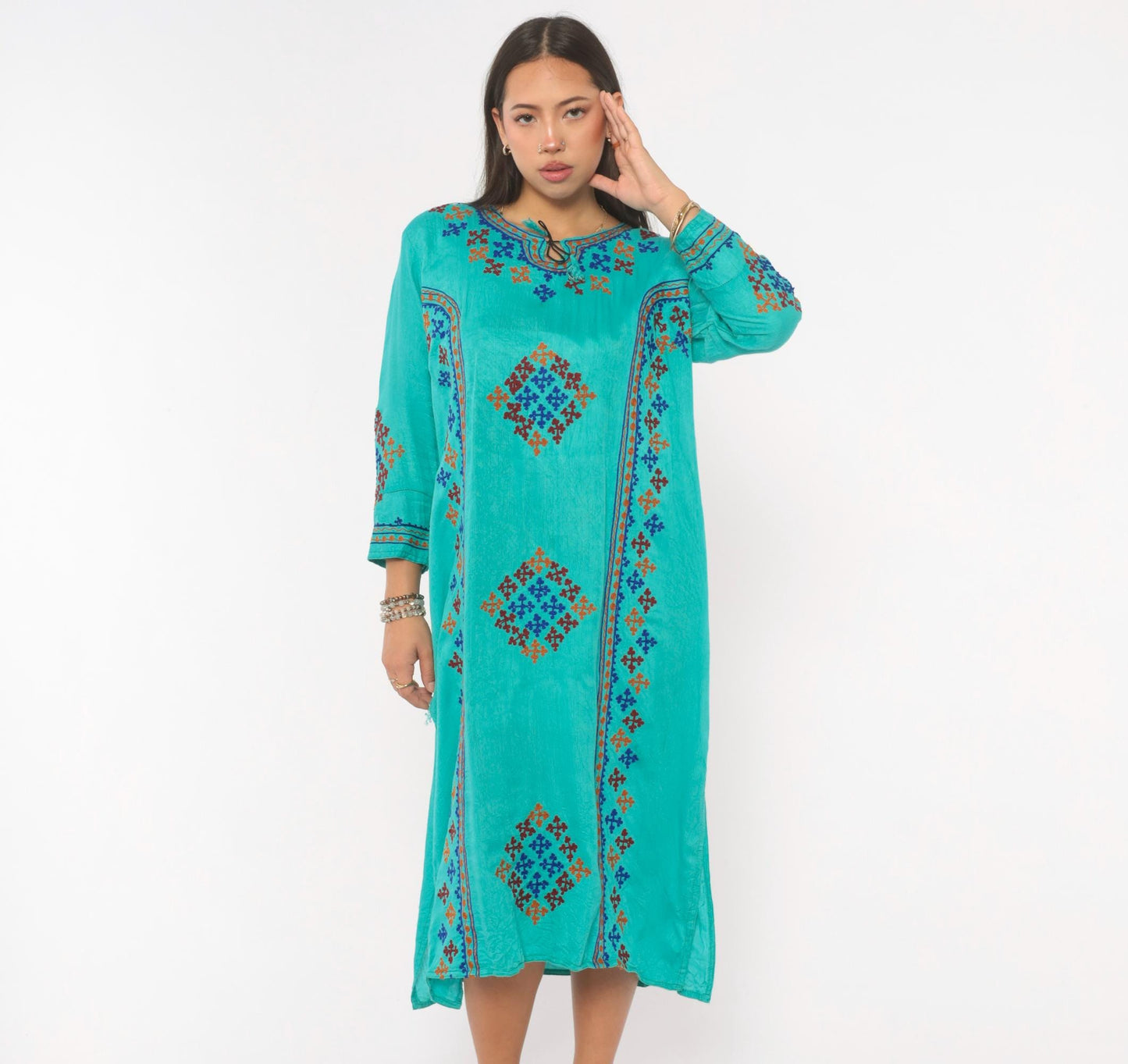 Y2K Teal Cotton Kaftan Embroidered Cross Stitch Diamond Tunic Dress Medium M