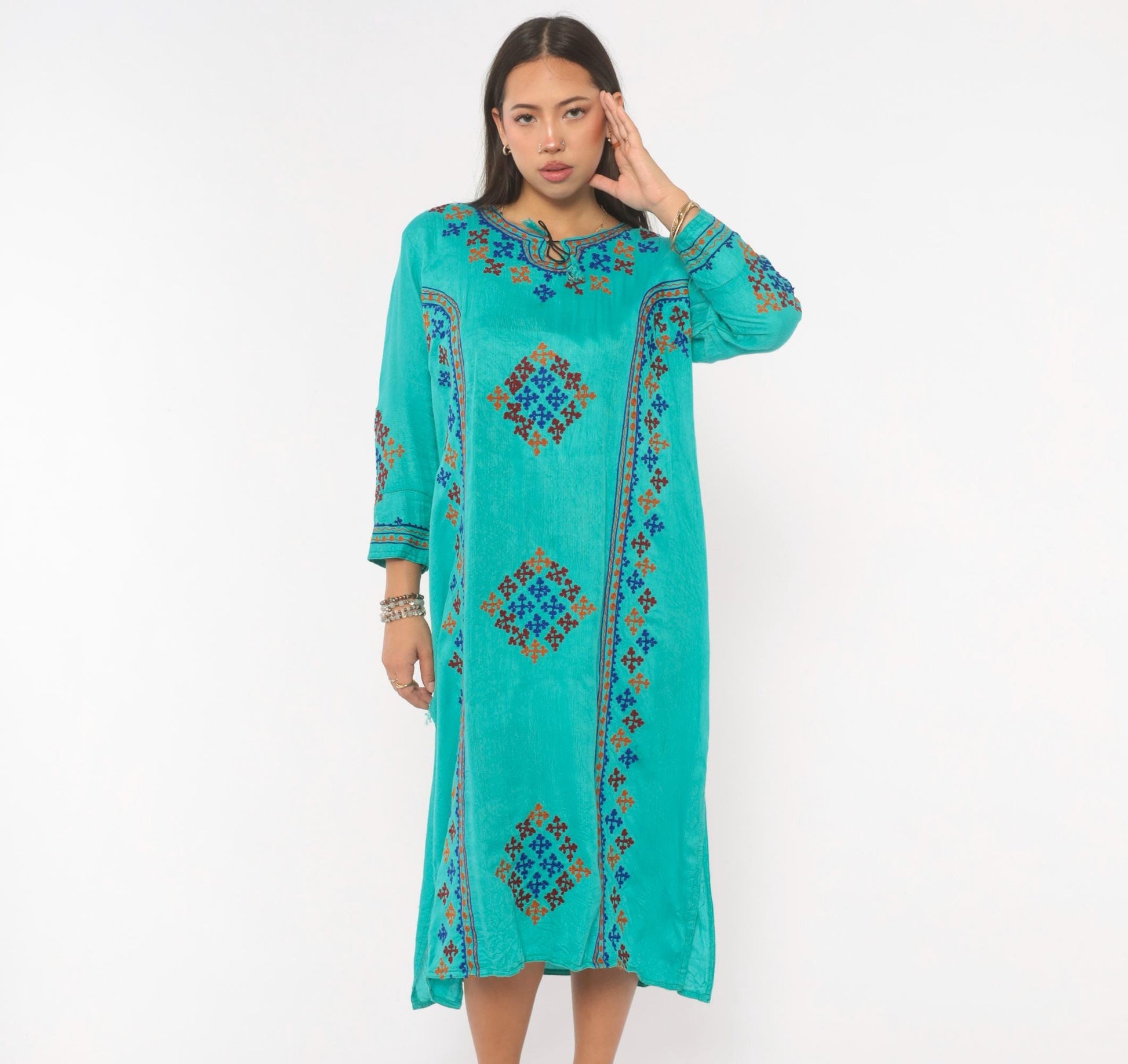 Y2K Teal Cotton Kaftan Embroidered Cross Stitch Diamond Tunic Dress Medium M