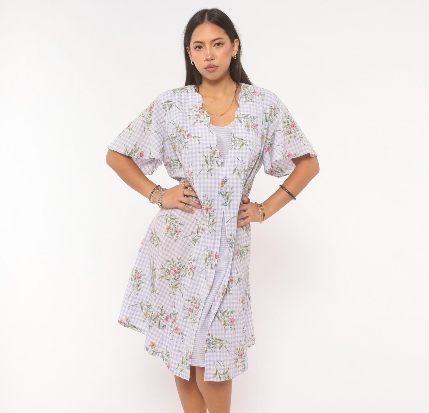 90s Sarah Richards Plus Lavender Gingham Floral Dress Flutter Sleeve A-Line Extra Large XXL