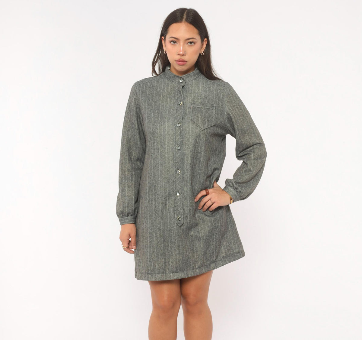 60s Tina's Pinstripe Shirt Dress Grey Mandarin Collar Medium M