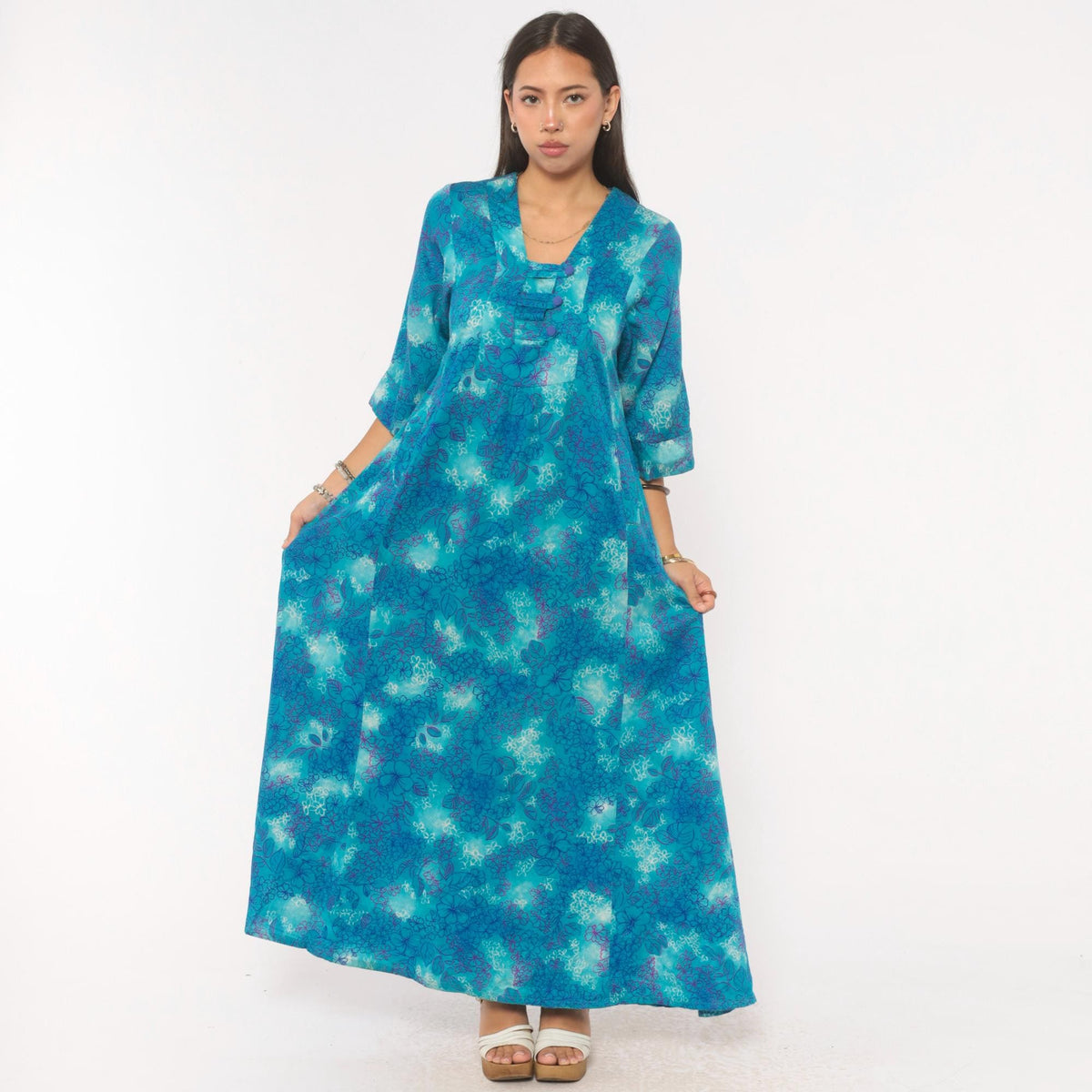 70s Psychedelic Floral Maxi Dress Blue Purple Teal Cotton Square Neck Medium