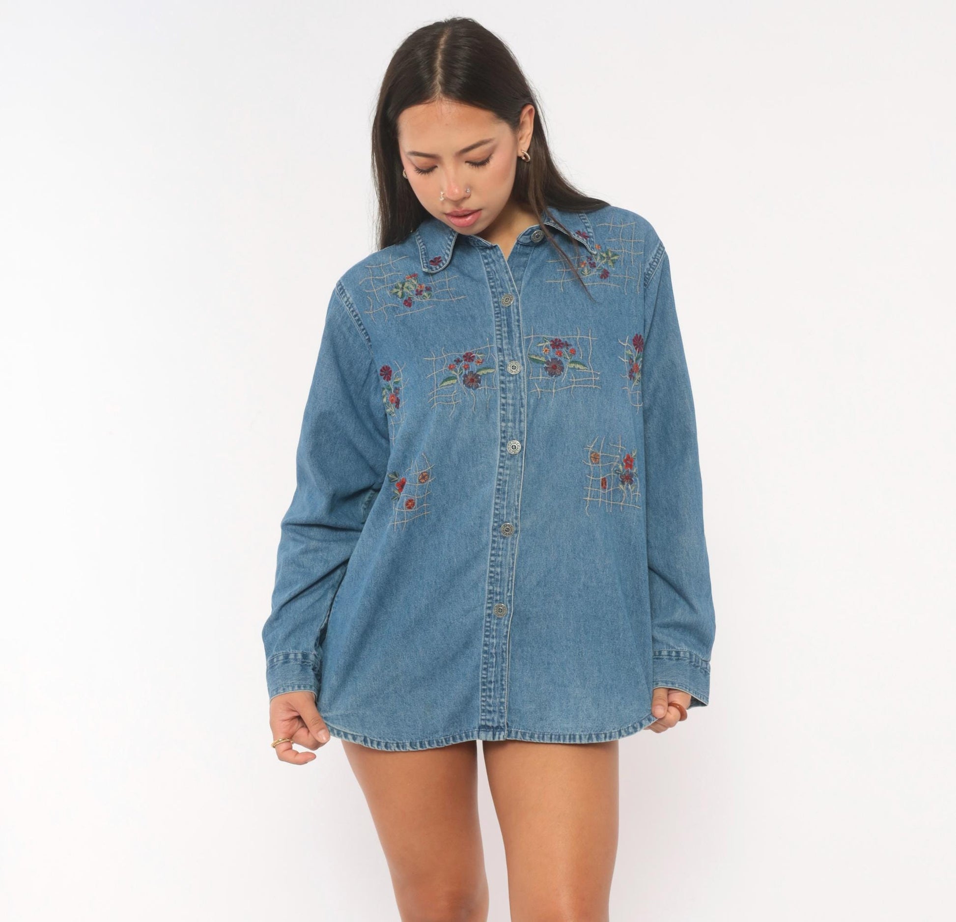 90s Floral Embroidered Denim Shirt Cotton Button-Up Lattice Trellis Large L