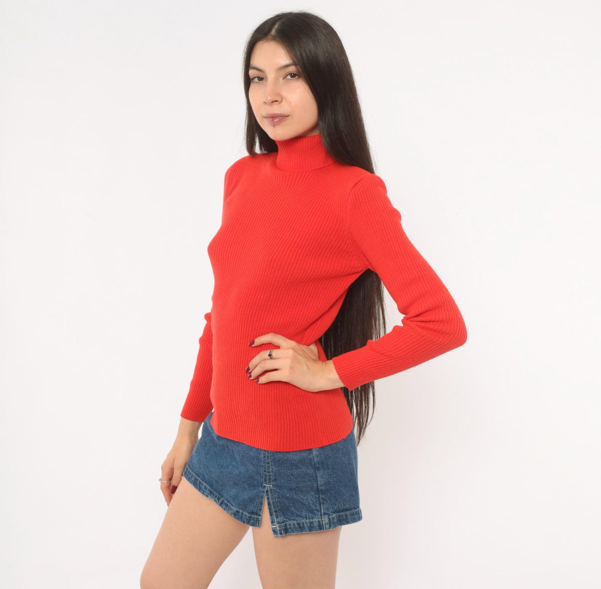 70s Red Ribbed Knit Turtleneck Sweater Fitted Pullover Back Zip Small Medium