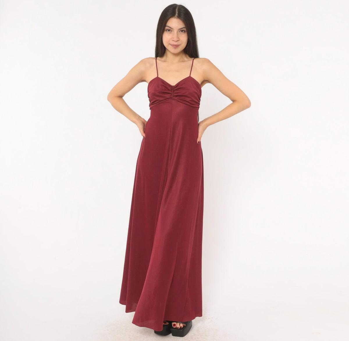 70s Burgundy Maxi Dress Sweetheart Neckline Empire Waist Spaghetti Strap Small