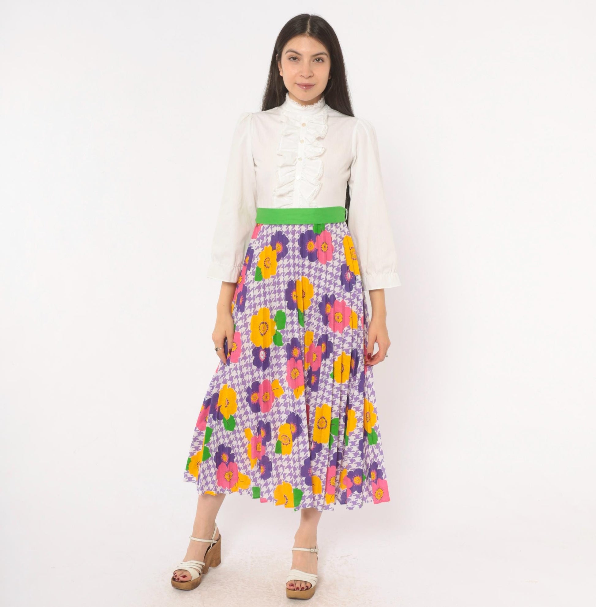 70s Growing Girl Floral Midi Dress Puff Sleeve High Neck White Purple Pink Extra Small XS