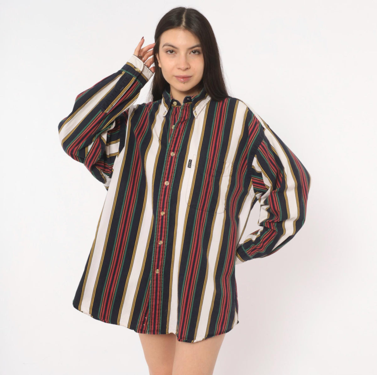 90s Izod Striped Button Down Shirt Navy Burgundy Green Gold Large L