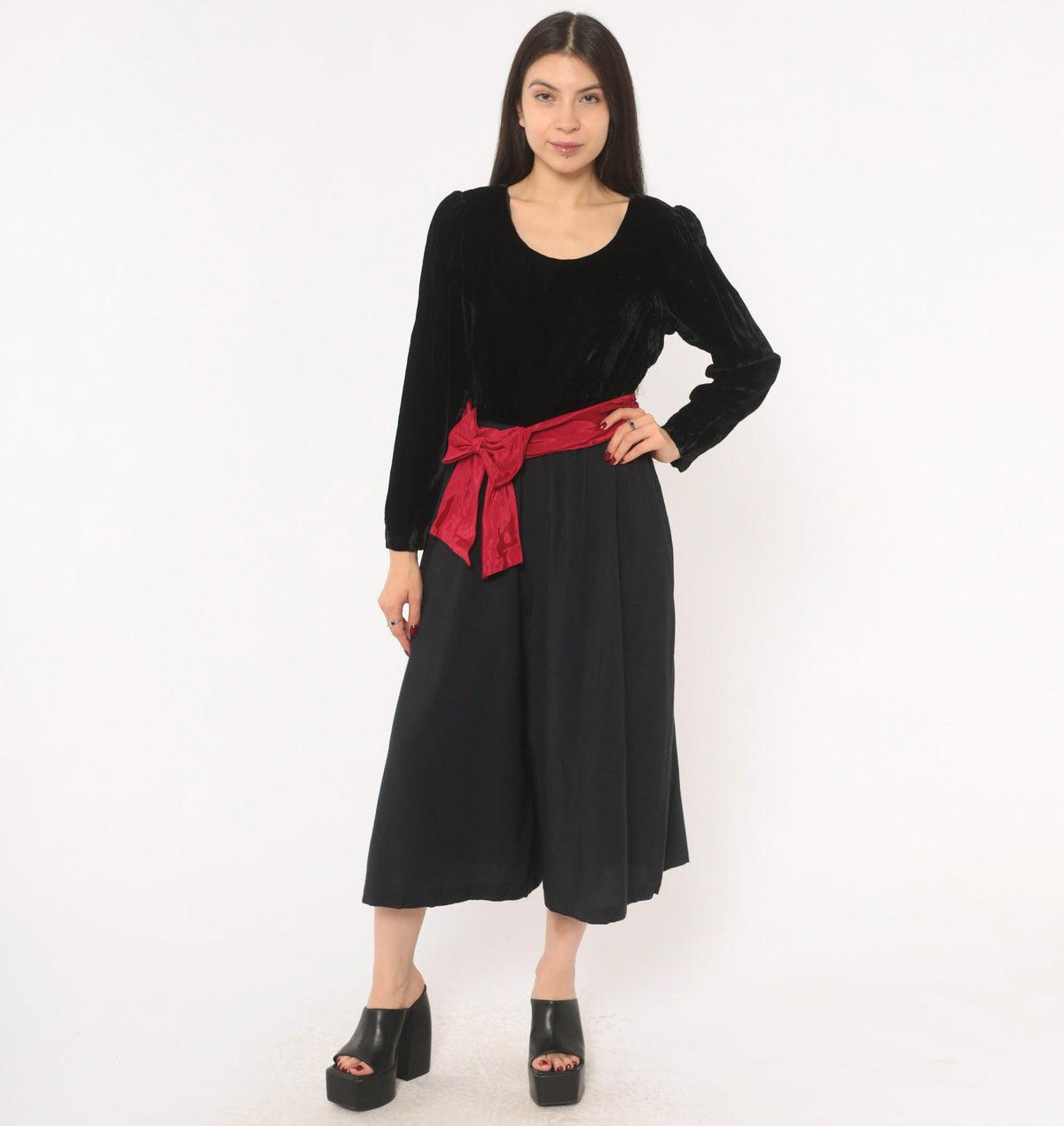 90s Petite Lanz Black Velvet Jumpsuit Burgundy Sash Puff Sleeve Small S