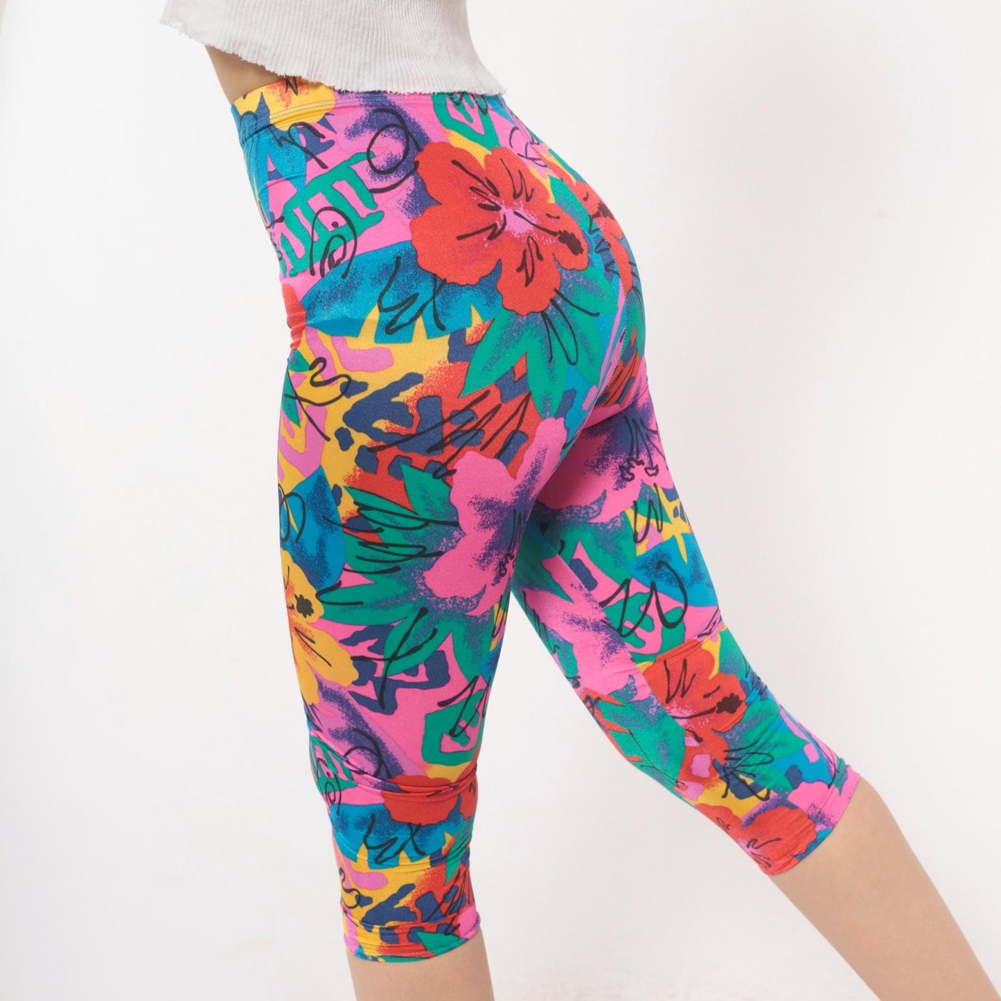 90s Stevi Tropical Floral Capri Leggings Pink Teal Hibiscus High Waist Extra Small XS