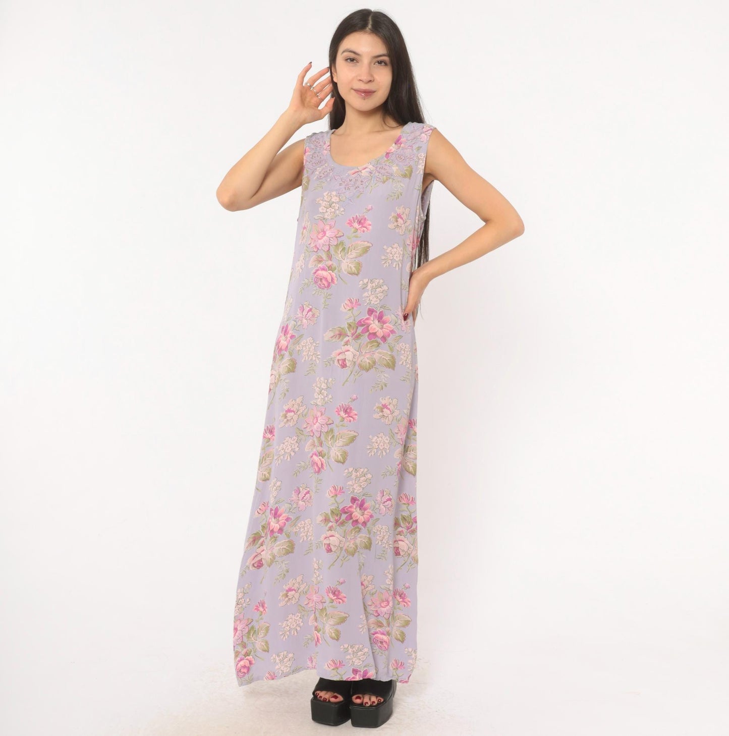 90s April Cornell Lavender Floral Maxi Dress Sequin Lace Scoop Neck Large