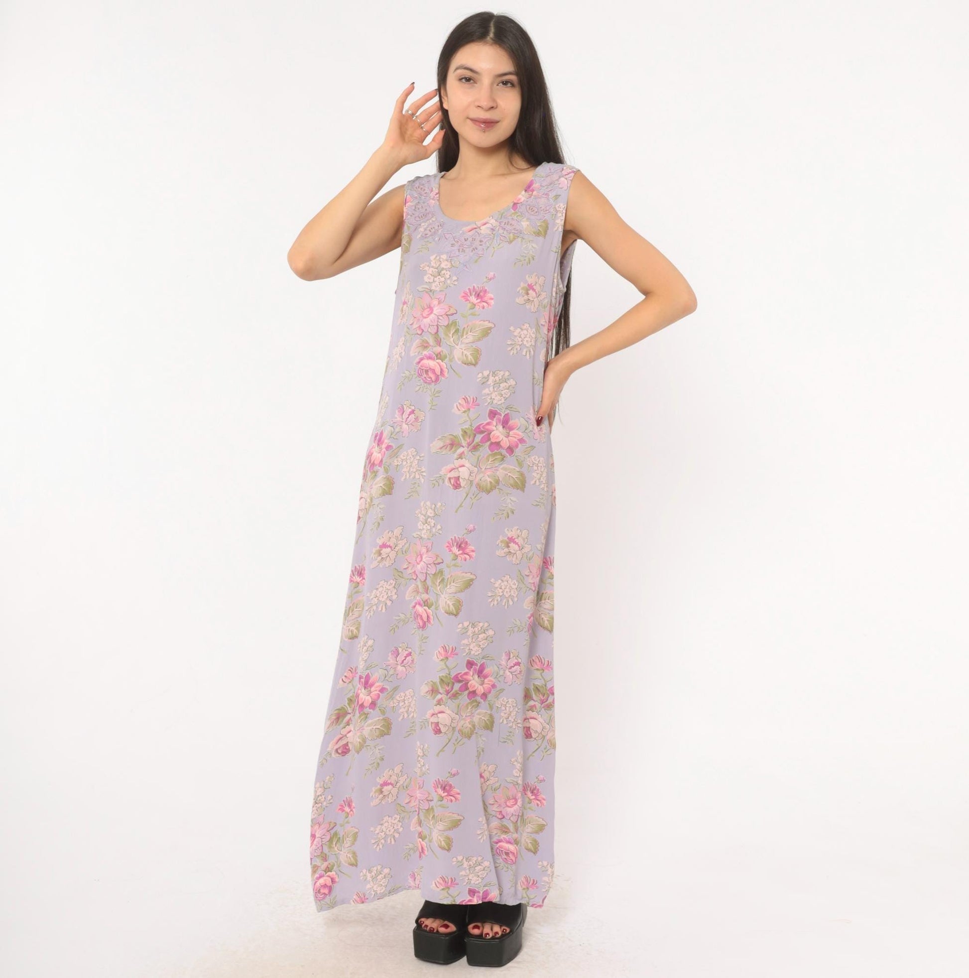 90s April Cornell Lavender Floral Maxi Dress Sequin Lace Scoop Neck Large