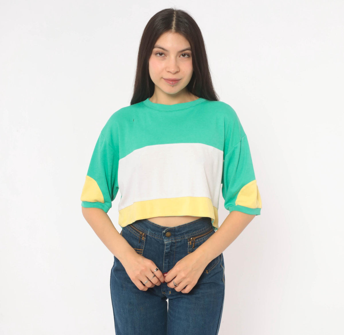 80s Color Block Crop Top Green White Yellow Cotton Medium M