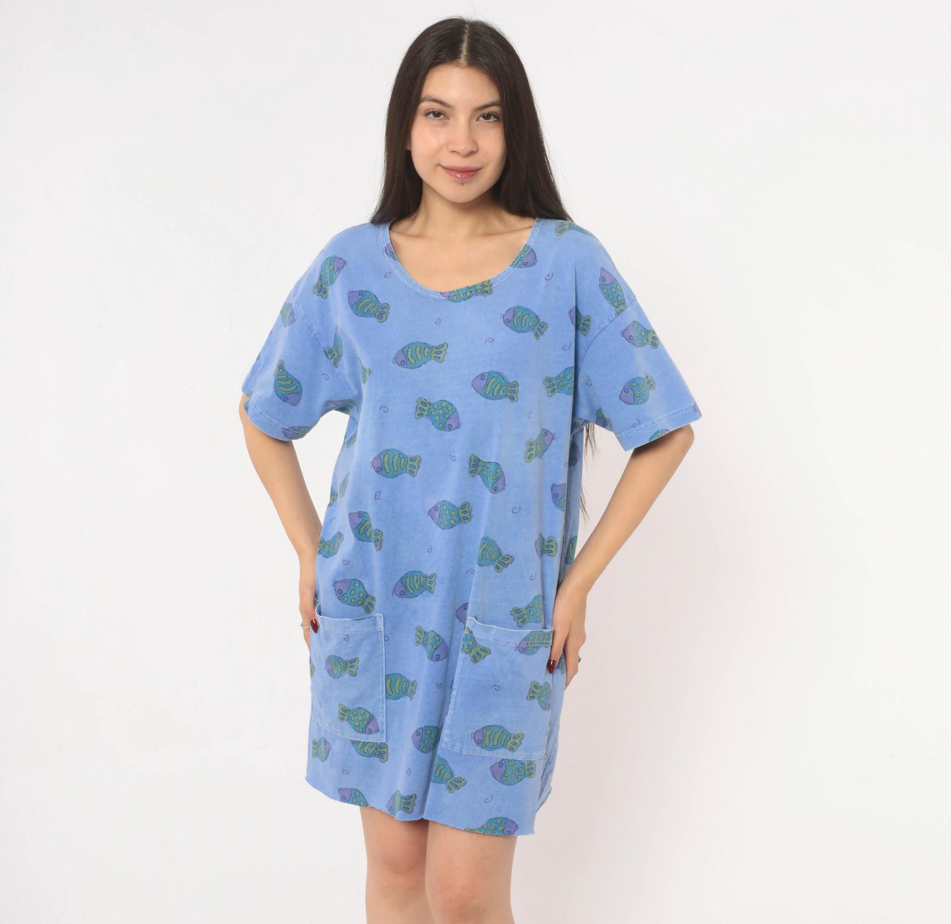 Fresh Produce Fish Print Tunic Dress Periwinkle Cotton Scoop Neck Small