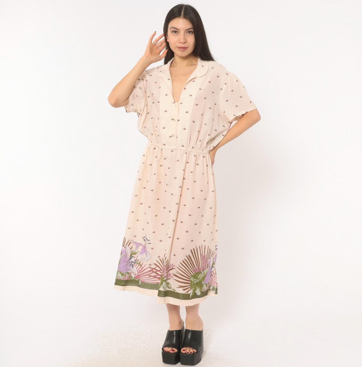 80s Jenny Wren Tropical Border Midi Dress Cotton Button Front Cream Extra Large