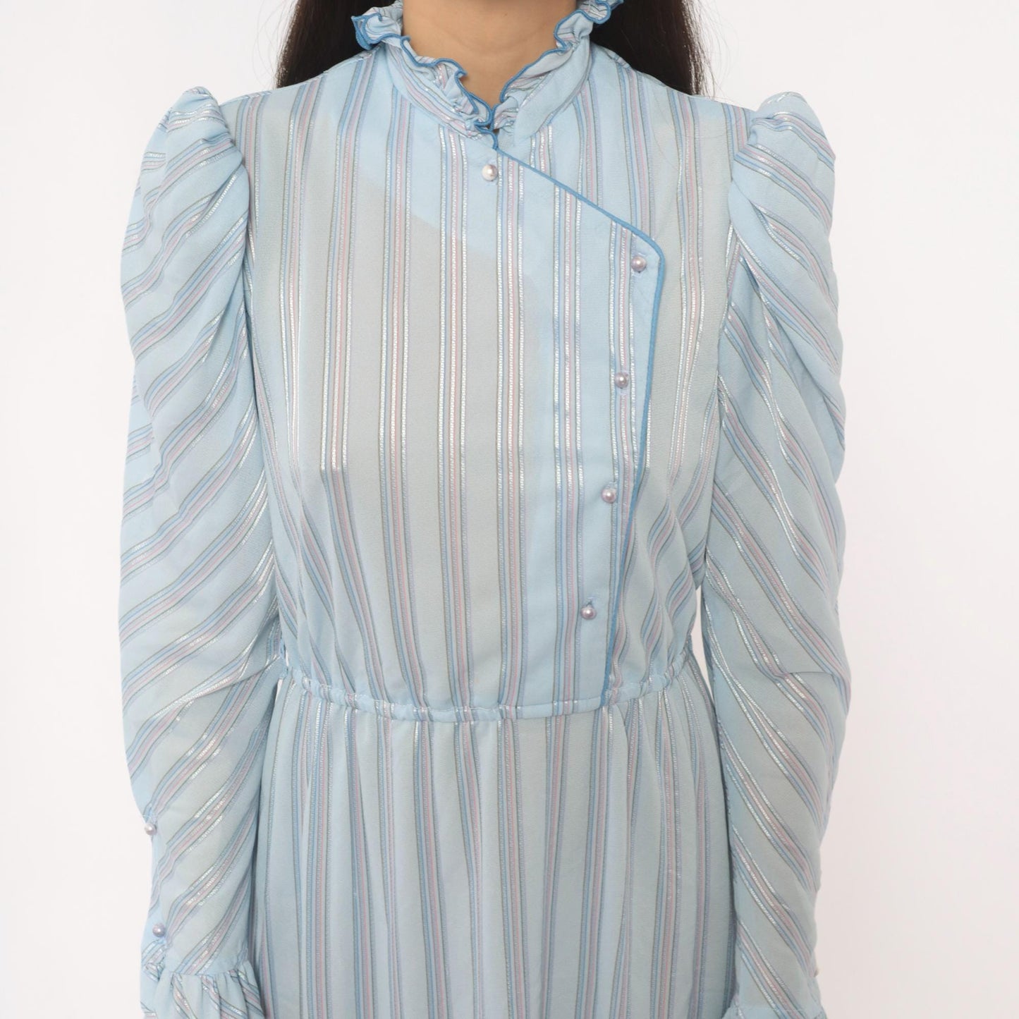 80s Jerri Gee Striped Puff Sleeve Dress Pearl Buttons Ruffled Collar Sky Blue Small