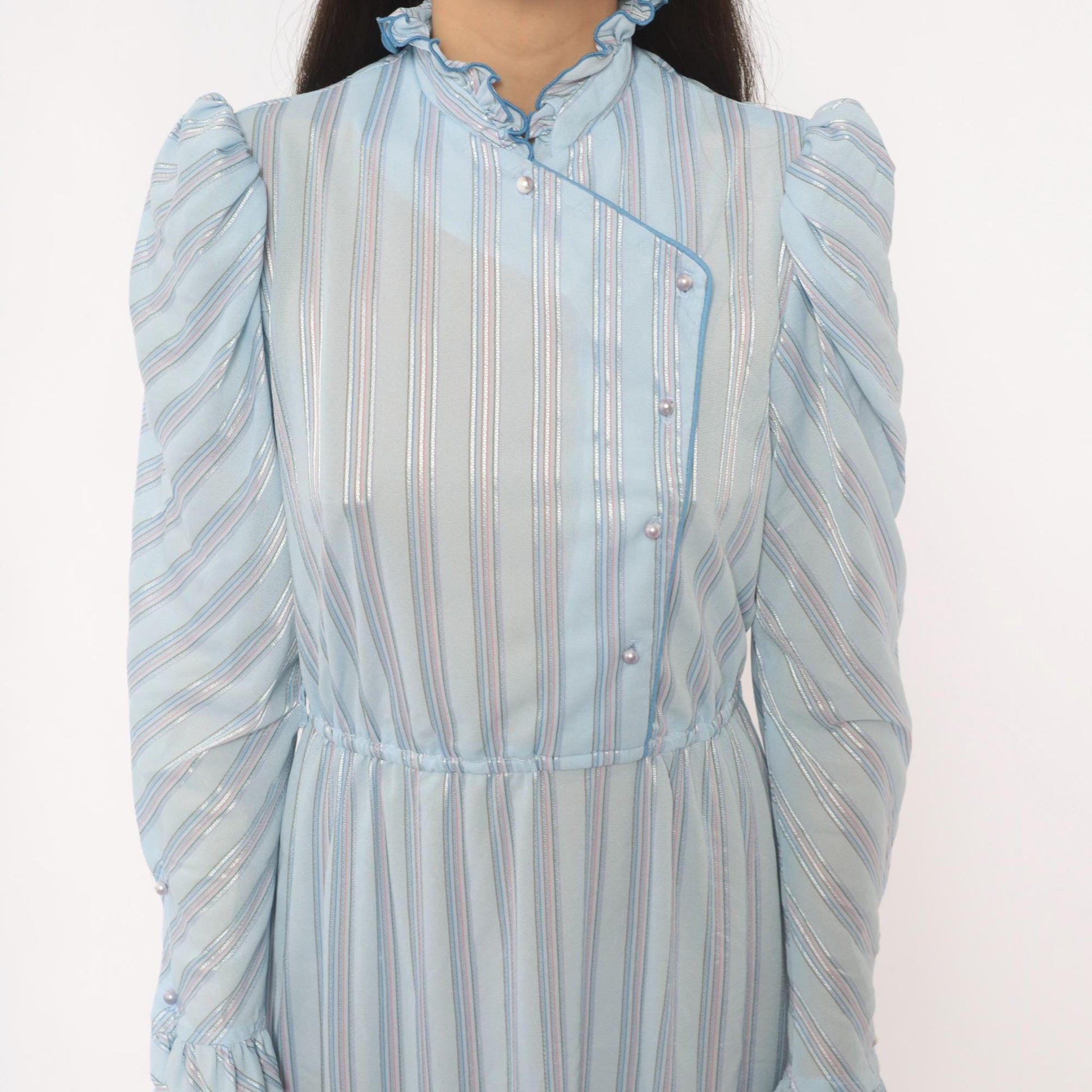 80s Jerri Gee Striped Puff Sleeve Dress Pearl Buttons Ruffled Collar Sky Blue Small