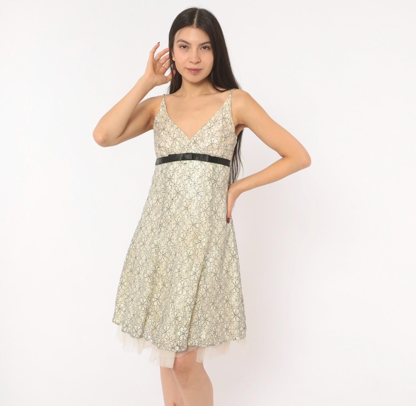 Y2K Intrigue Lace Floral Sundress Cream Black Satin Ribbon Empire Waist Extra Small XS