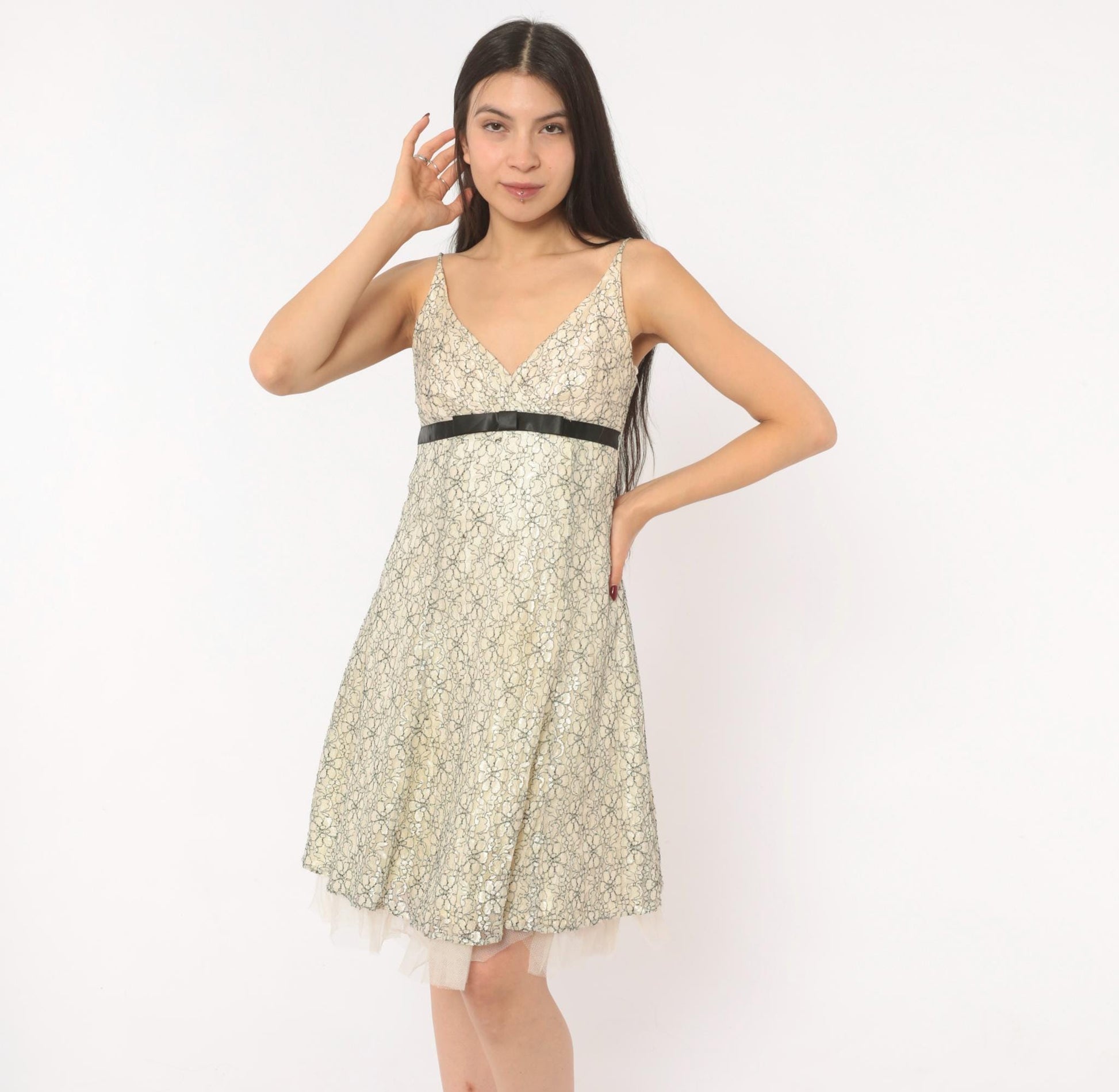 Y2K Intrigue Lace Floral Sundress Cream Black Satin Ribbon Empire Waist Extra Small XS