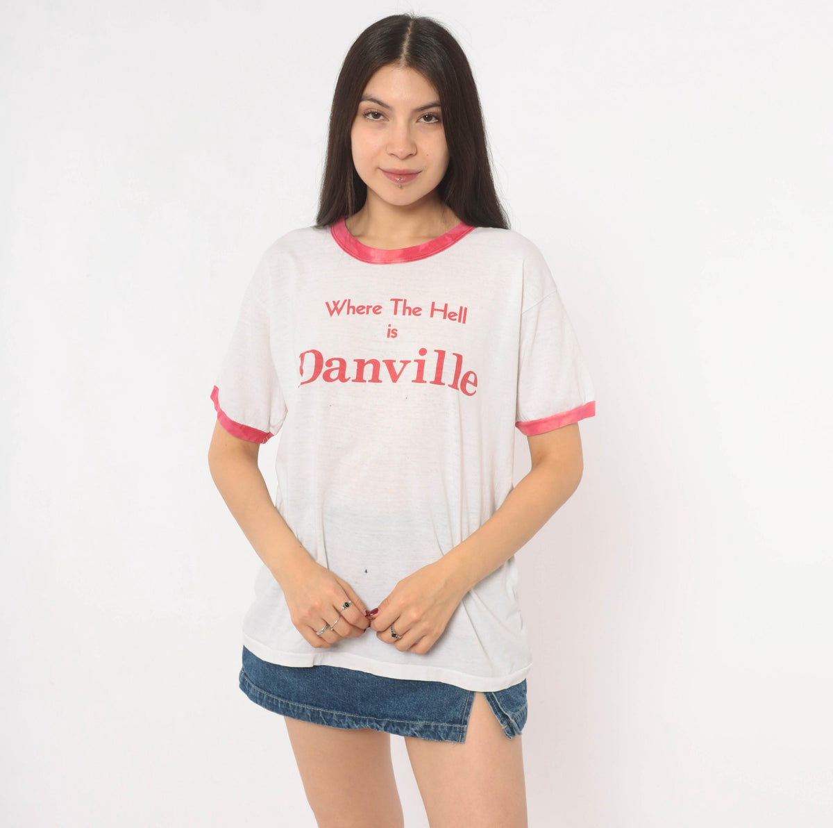 80s Where The Hell Is Danville Ringer Tee White Pink Cotton Graphic Medium