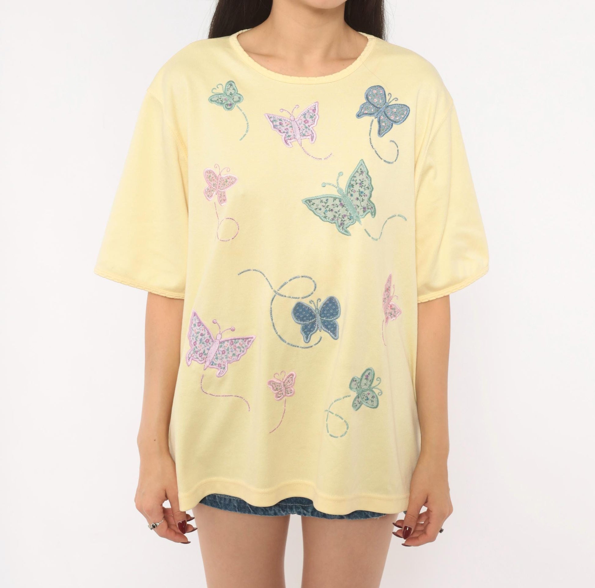 90s Bonworth Butterfly Applique Top Yellow Cotton Crew Neck Extra Large XL