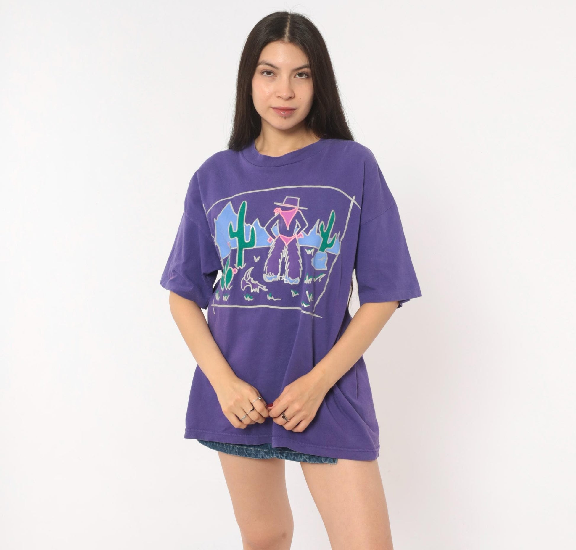 90s Murina Purple Southwestern Cowgirl Cactus Graphic Tee Cotton Large
