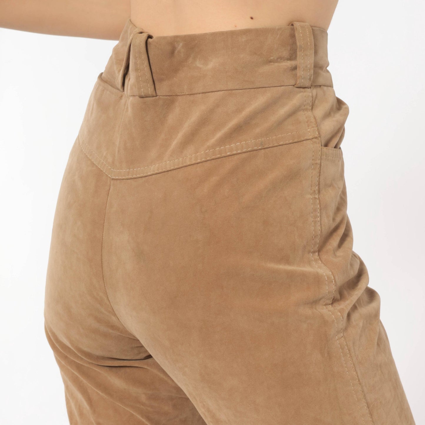 80s Lew Magram Faux Suede Flare Pants Tan High Waist Bell Bottom Small S