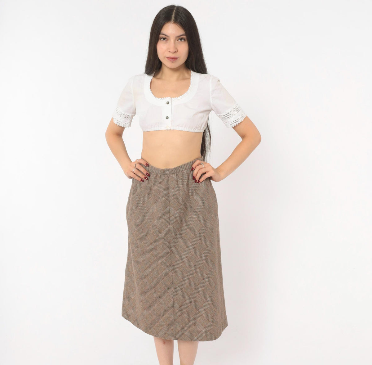 1970s Glen Plaid Wool A-Line Midi Skirt Brown Tan Check Extra Small XS