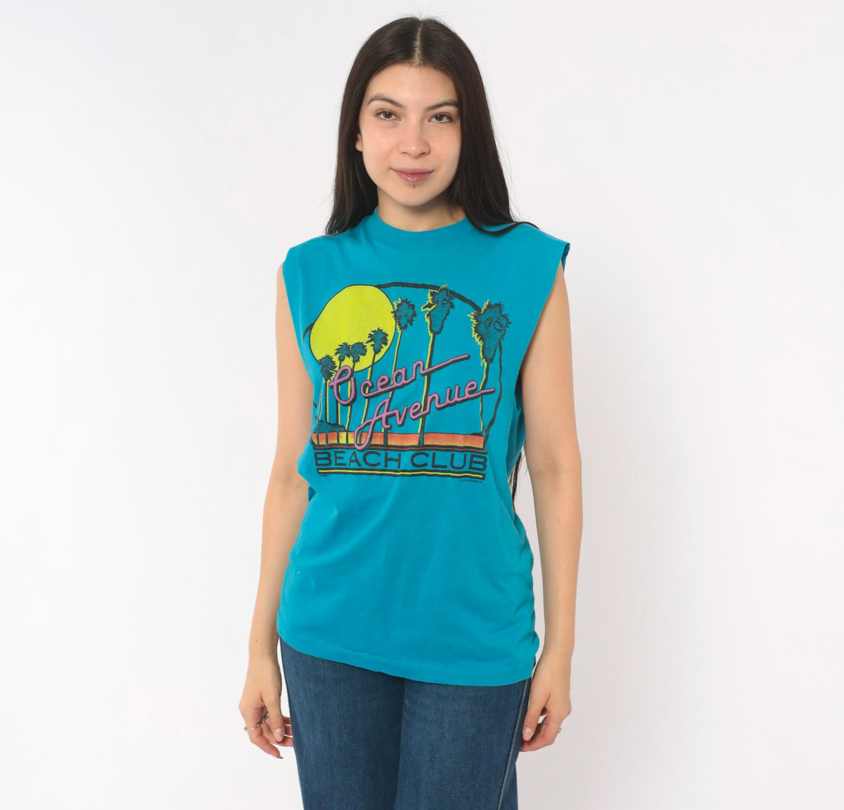 80s Chemise D'Sol Ocean Avenue Beach Club Teal Graphic Tee Palm Tree Sunset Small