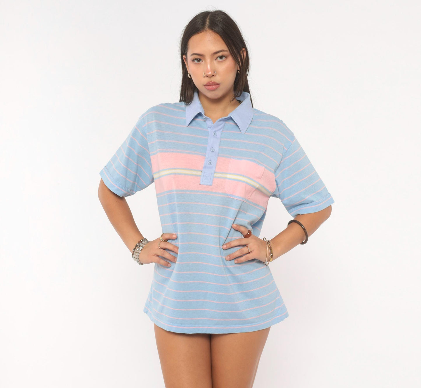 80s Par Four Striped Polo Shirt Blue Pink Chest Pocket Medium