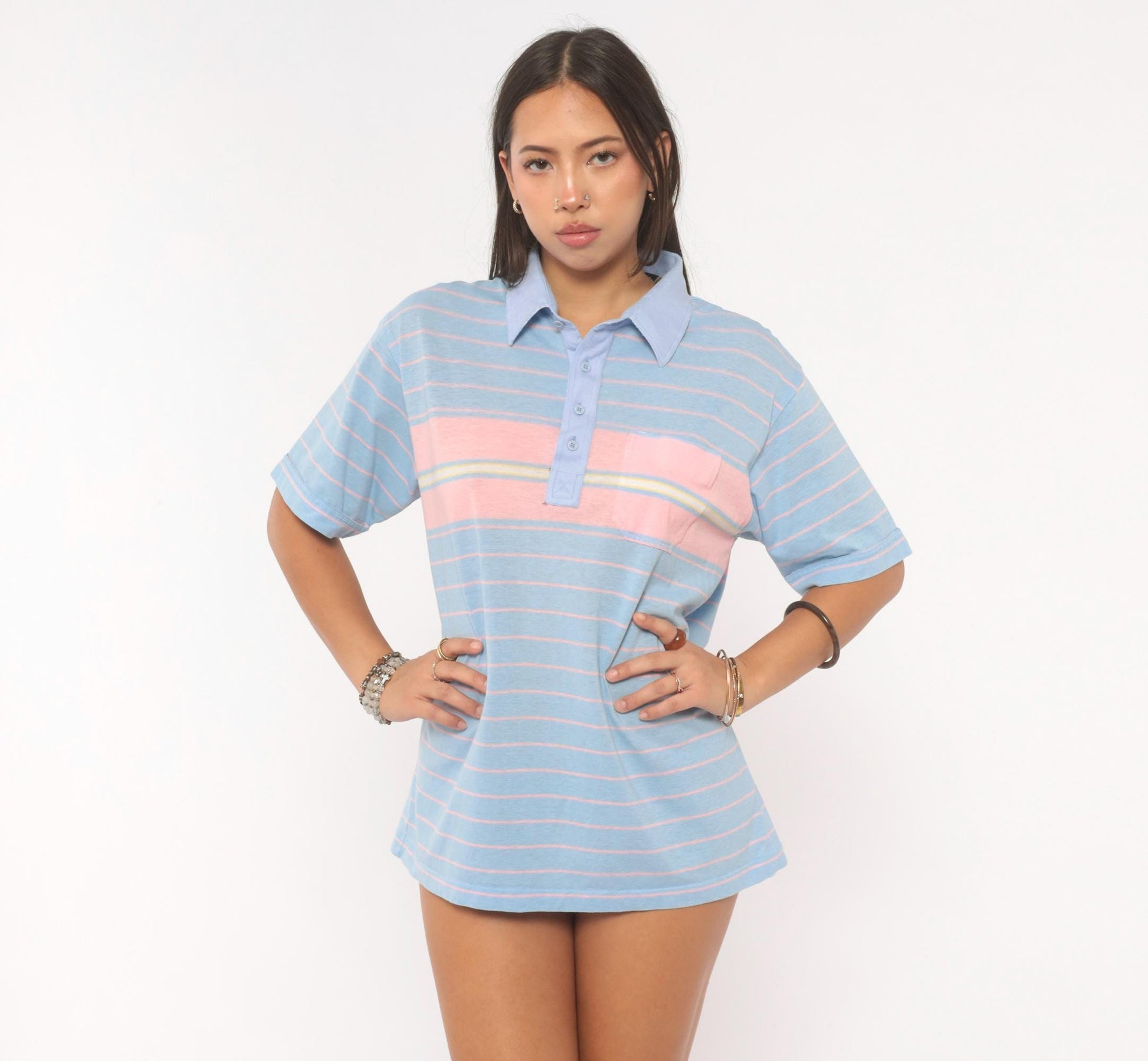 80s Par Four Striped Polo Shirt Blue Pink Chest Pocket Medium