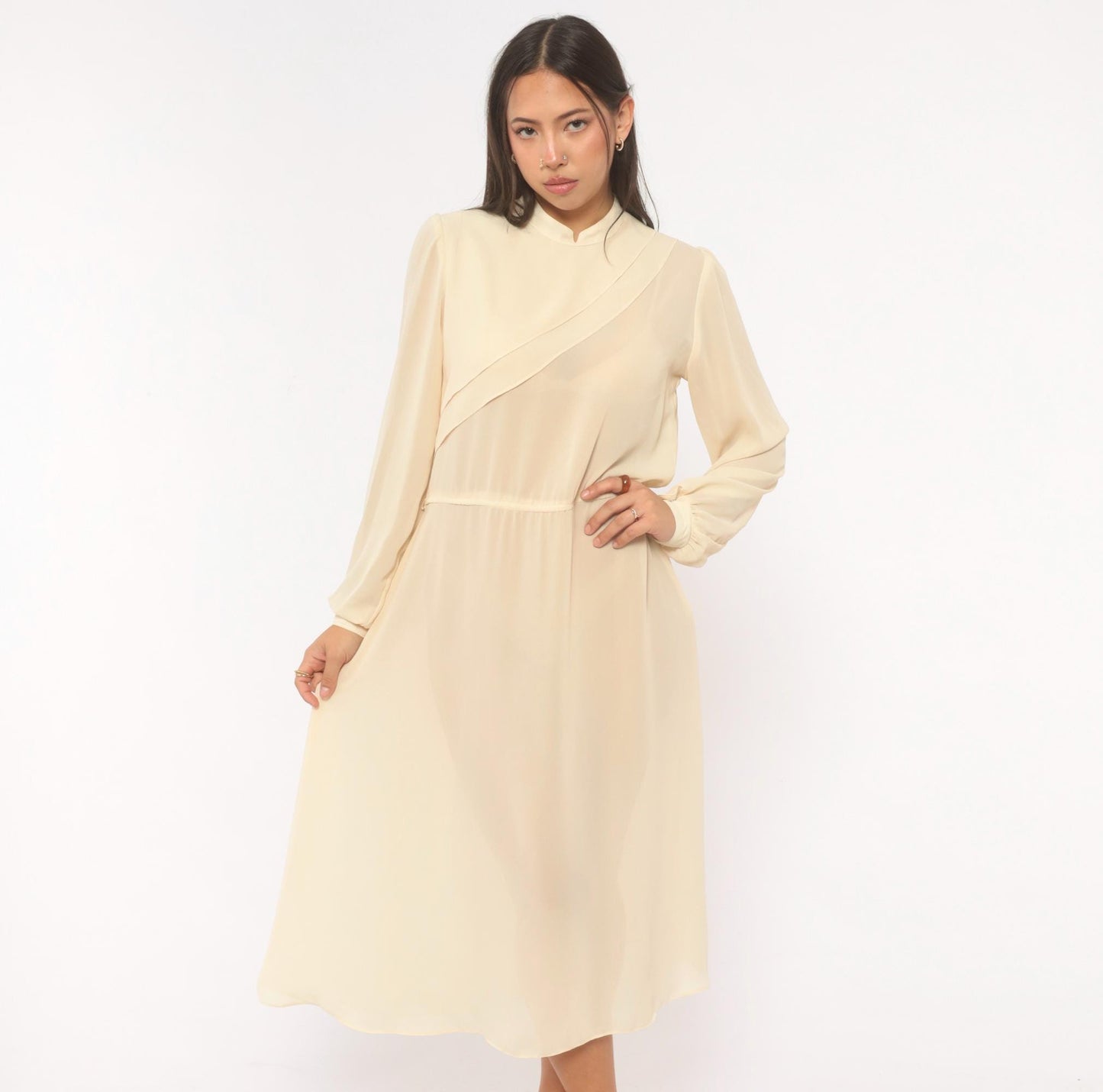 70s Jimmy Los Angeles Cream Chiffon Midi Dress Mandarin Collar Medium M