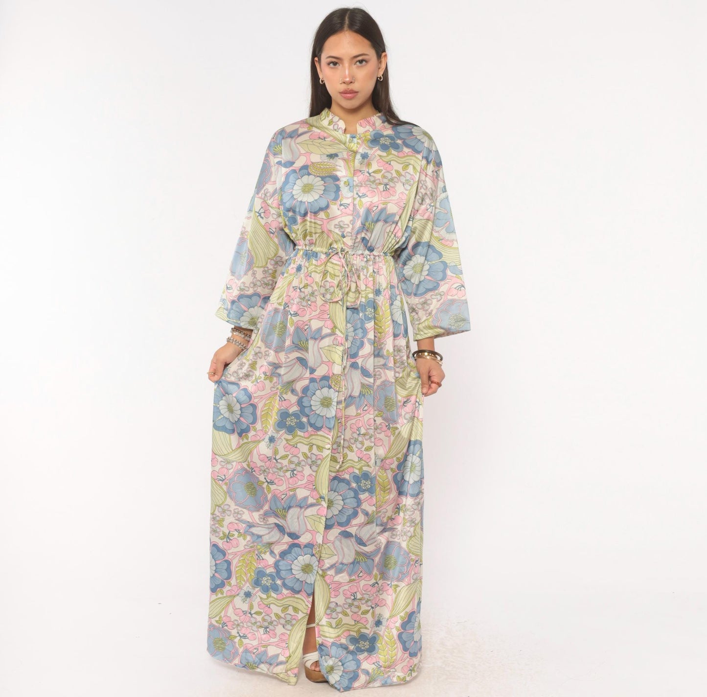 70s Vanity Fair Psychedelic Floral Maxi Dress Nylon Kimono Sleeve Medium