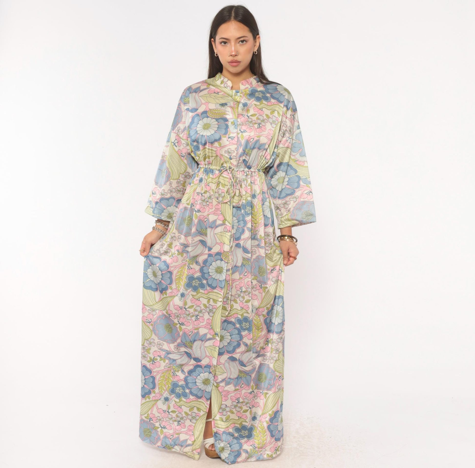 70s Vanity Fair Psychedelic Floral Maxi Dress Nylon Kimono Sleeve Medium