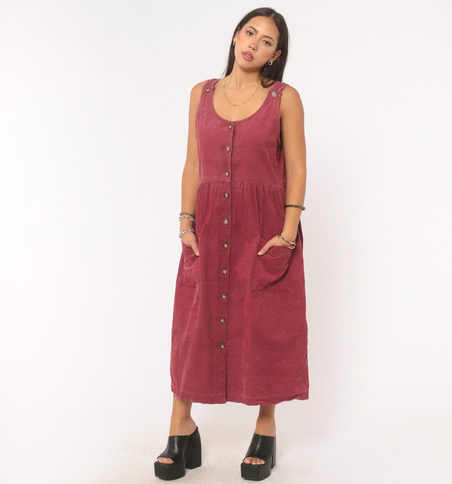 90s J.G. Hook Mauve Corduroy Jumper Dress Button Front Midi Medium M