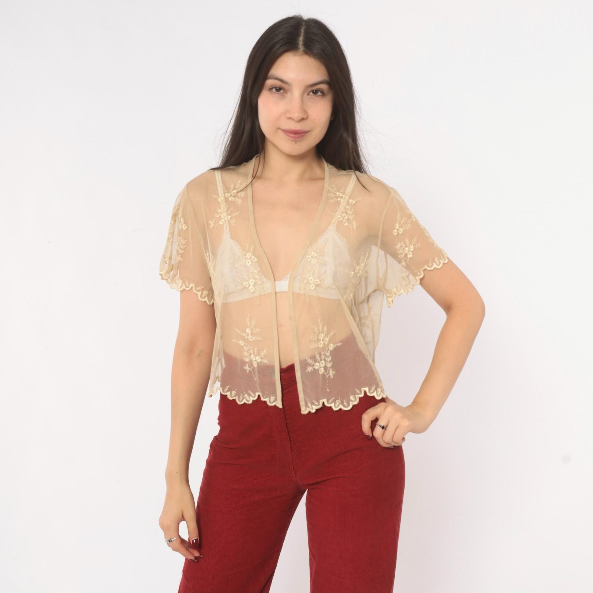90s Newport News Embroidered Mesh Blouse Cream Floral V-Neck Small