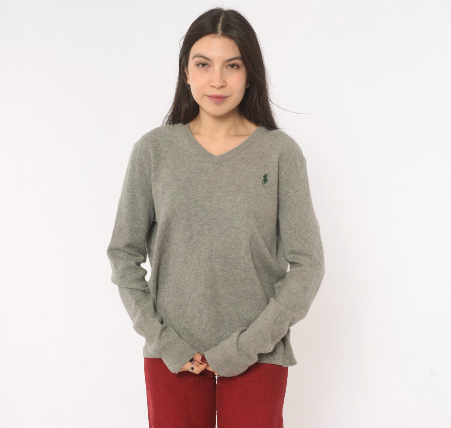 Y2K Ralph Lauren Grey Merino Wool V-Neck Sweater Distressed Large L