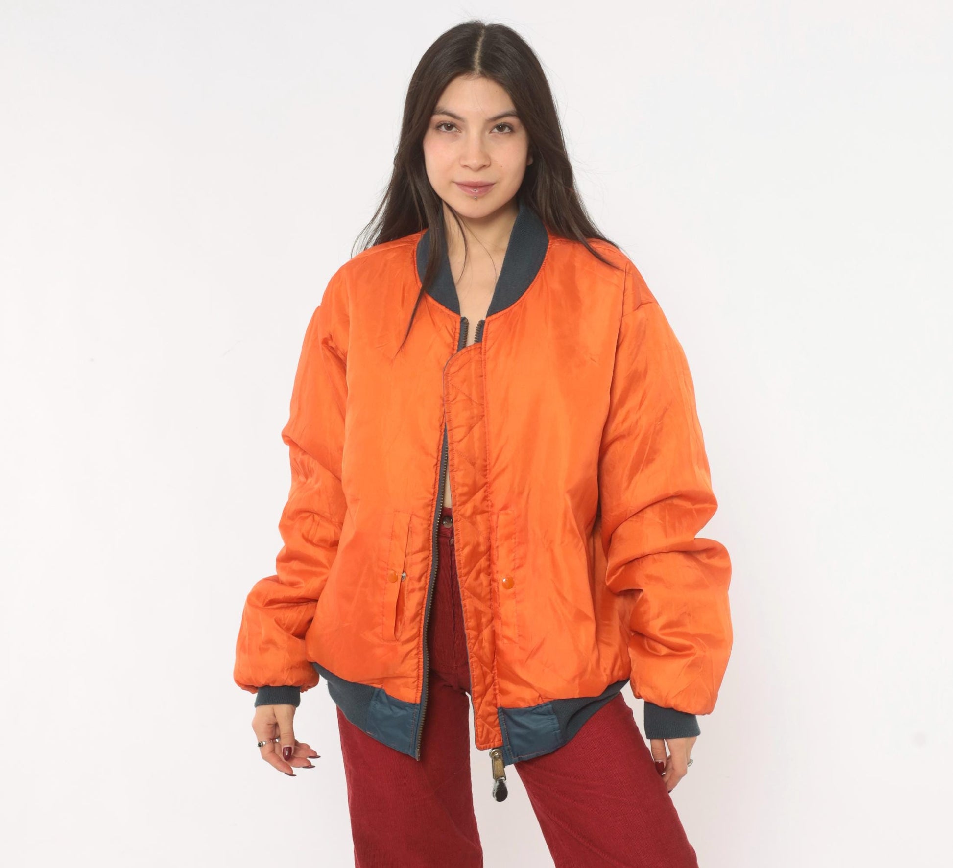 90s Rothco MA-1 Bomber Jacket Slate Blue Reversible Orange Flight Coat Large L