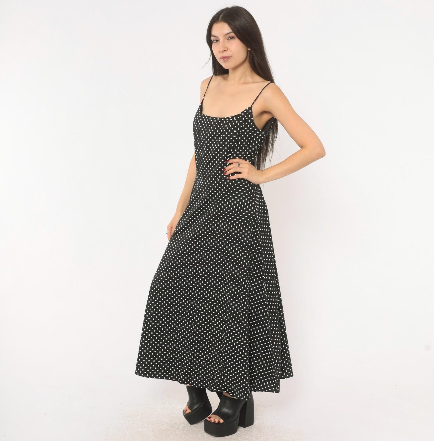 90s Jessica Howard Black White Polka Dot Cotton Maxi Slip Dress Medium M
