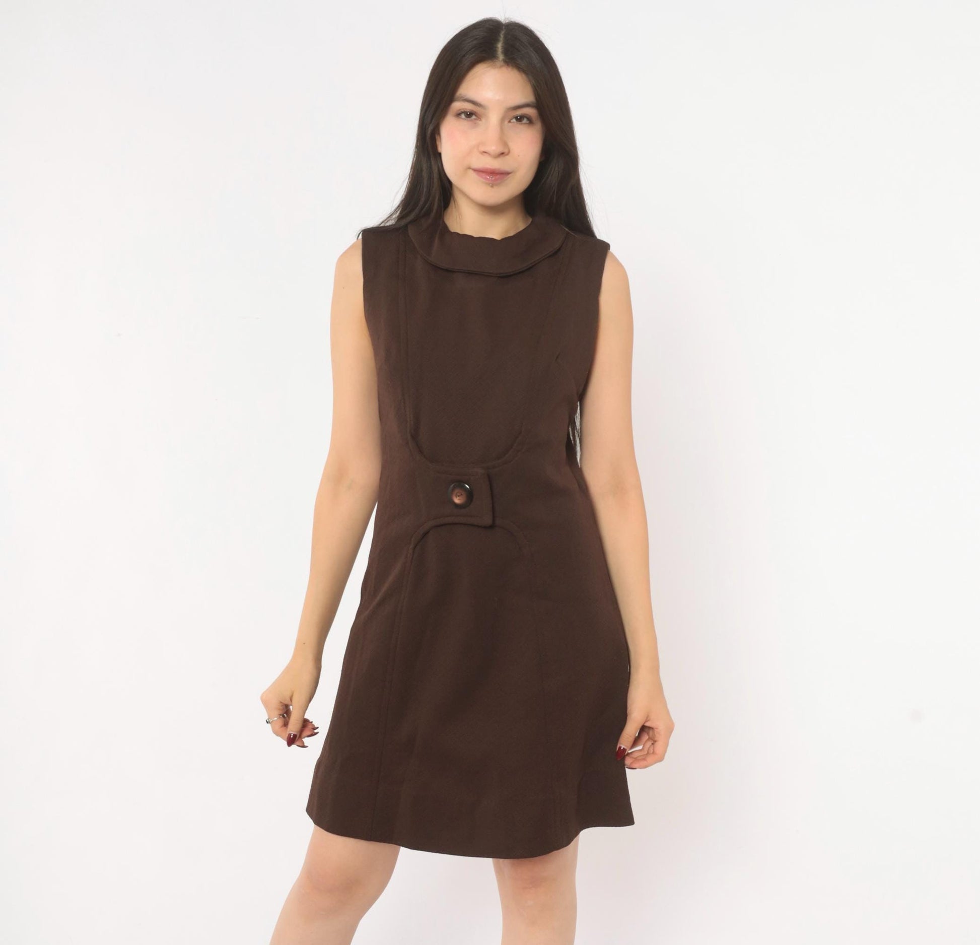 60s Mod Shift Dress Chocolate Brown Sleeveless A-Line Mini Small
