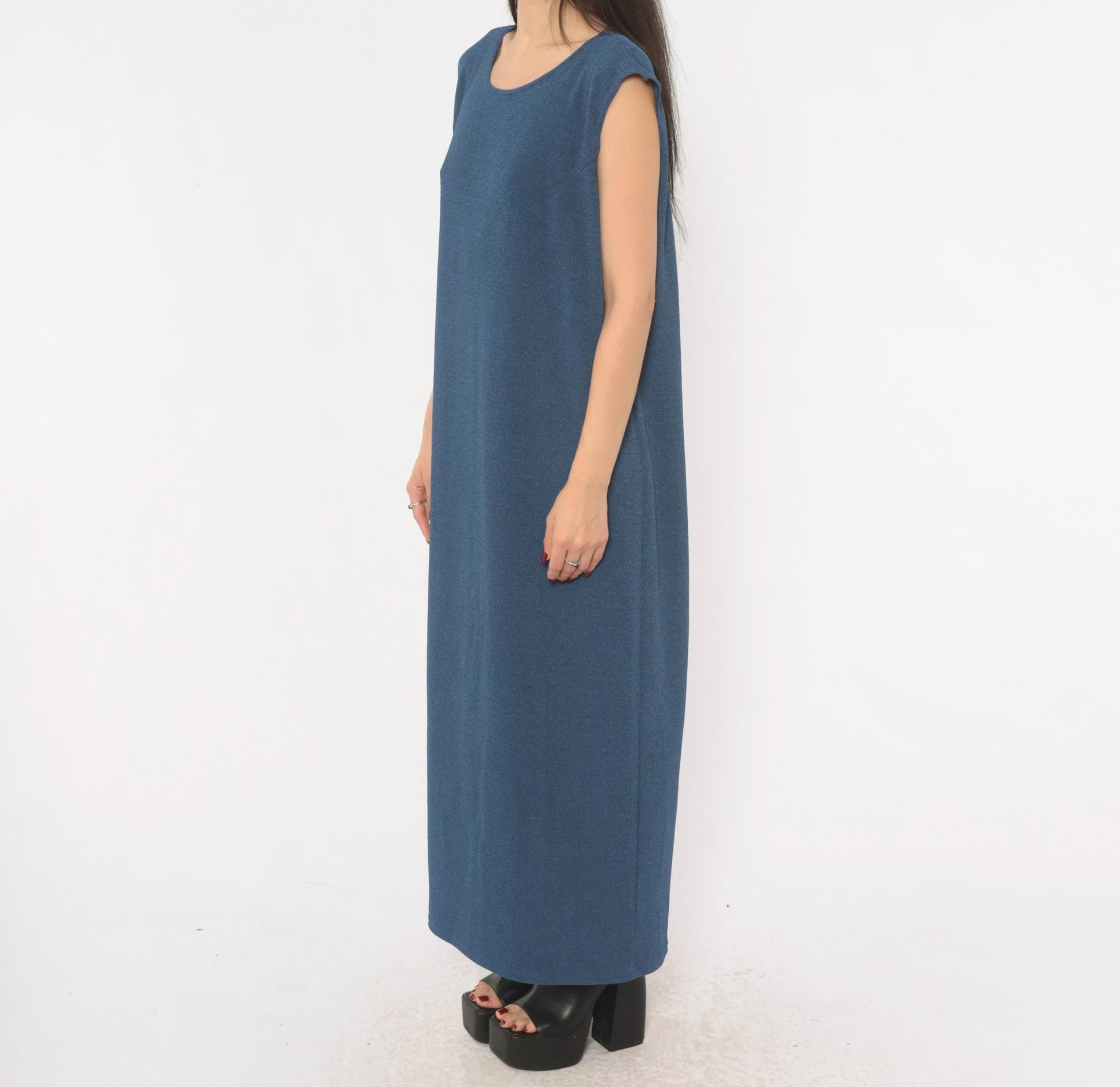 90s Slate Blue Sleeveless Maxi Dress Column Shift Scoop Neck Extra Large XL